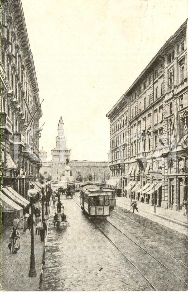 Cartolina originale da collezione 1916 MILANO Tram in via DANTE con pubblicitÃ  NESTLE' davanti al CASTELLO *FP VG 1