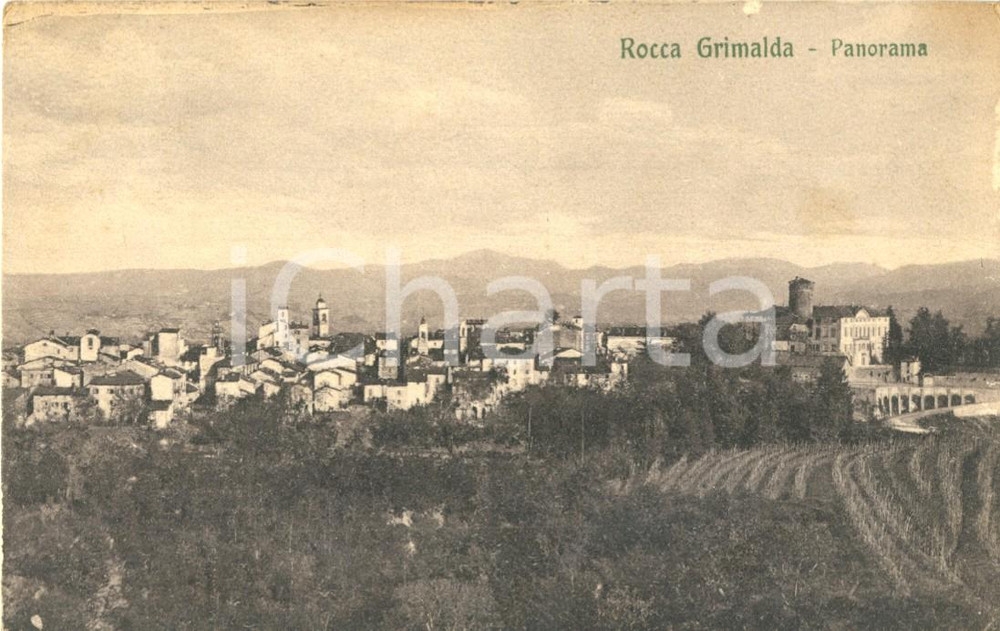 Cartolina originale da collezione 1913 ROCCA GRIMALDA AL Panorama del paese con Castello Cartolina FP VG 1