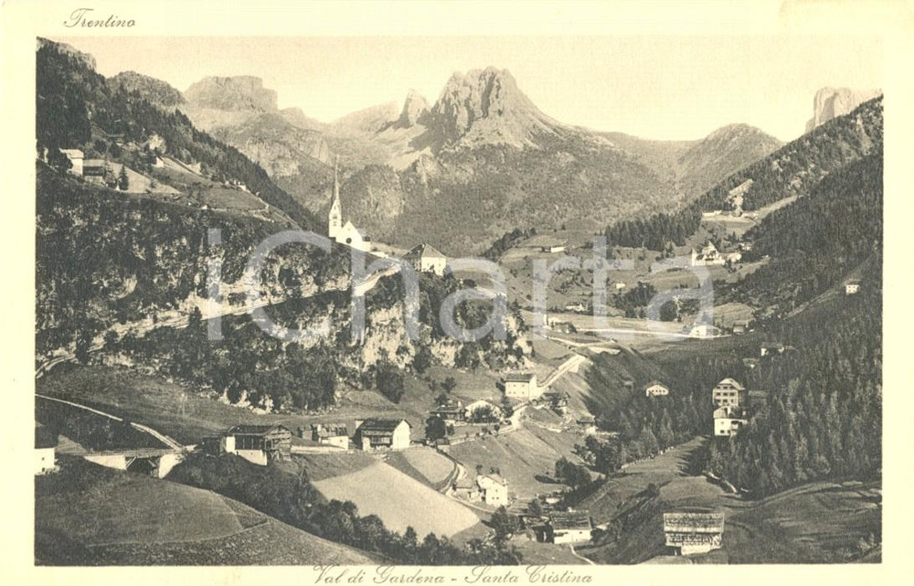 Cartolina originale da collezione 1940 ca SANTA CRISTINA VALGARDENA BZ Panorama del paese con le DOLOMITI FP NV 1