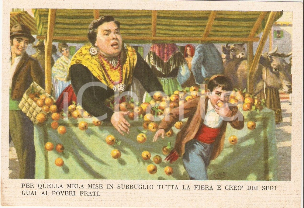 Cartolina originale da collezione 1955 ca MARCELLINO PANE E VINO Ill. Dario Gobbi MARCELLINO RUBA MELE FG NV 1