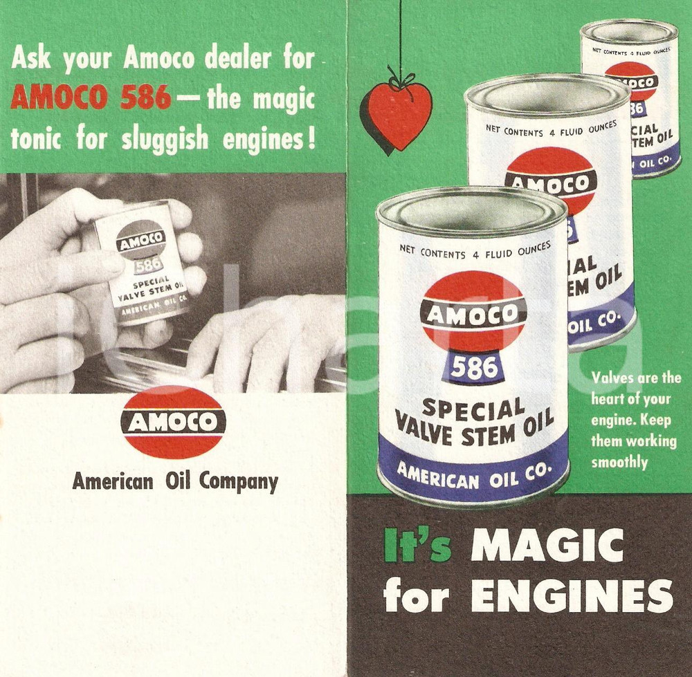 Materiale pubblicitario d’epoca 1955 ca AMOCO 586 American Oil Company Special valve stem oil Volantino 1