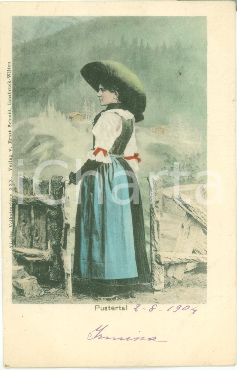 Cartolina originale da collezione 1904 PUSTERTAL TIROLO Contadina in costume tradizionale *Autografo Irmina STANGA 1