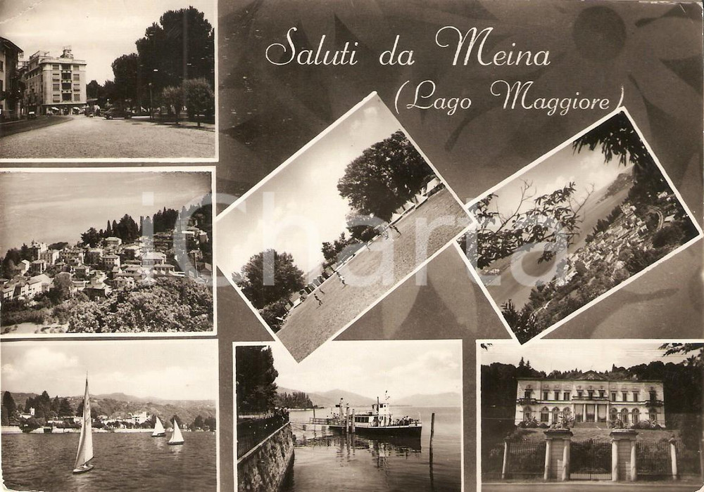 Cartolina originale da collezione 1958 MEINA NO Battello sul LAGO MAGGIORE e vedutine del paese Cartolina FG VG 1