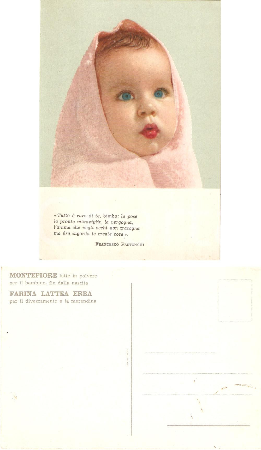 Materiale pubblicitario d’epoca 1950 ca MILANO Farina lattea CARLO ERBA Latte in polvere MONTEFIORE Cartolina 1