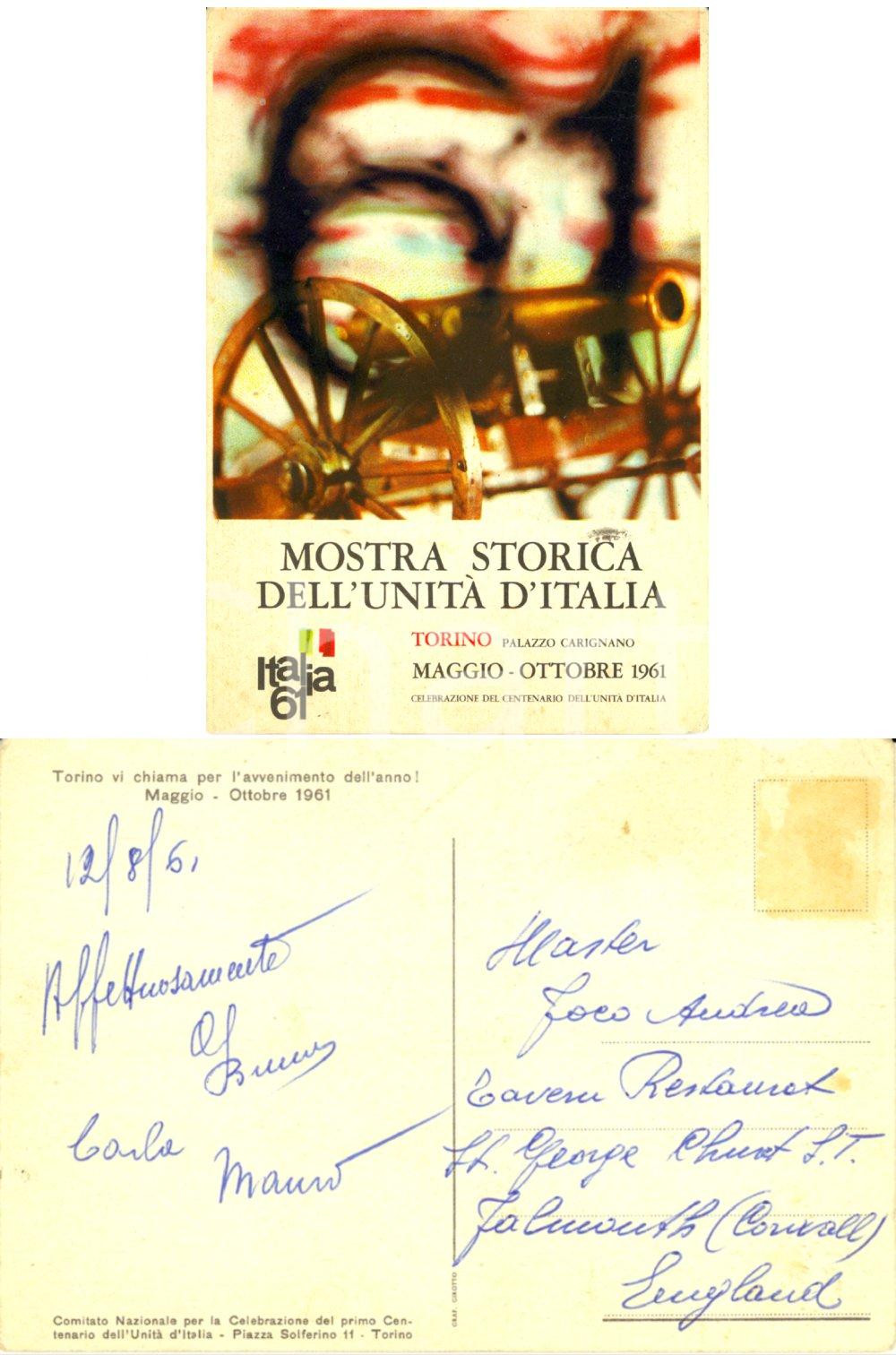 Cartolina originale da collezione 1961 TORINO Manifesto Mostra storica UNITA' D'ITALIA *Cartolina ILLUSTRATA FG VG 1