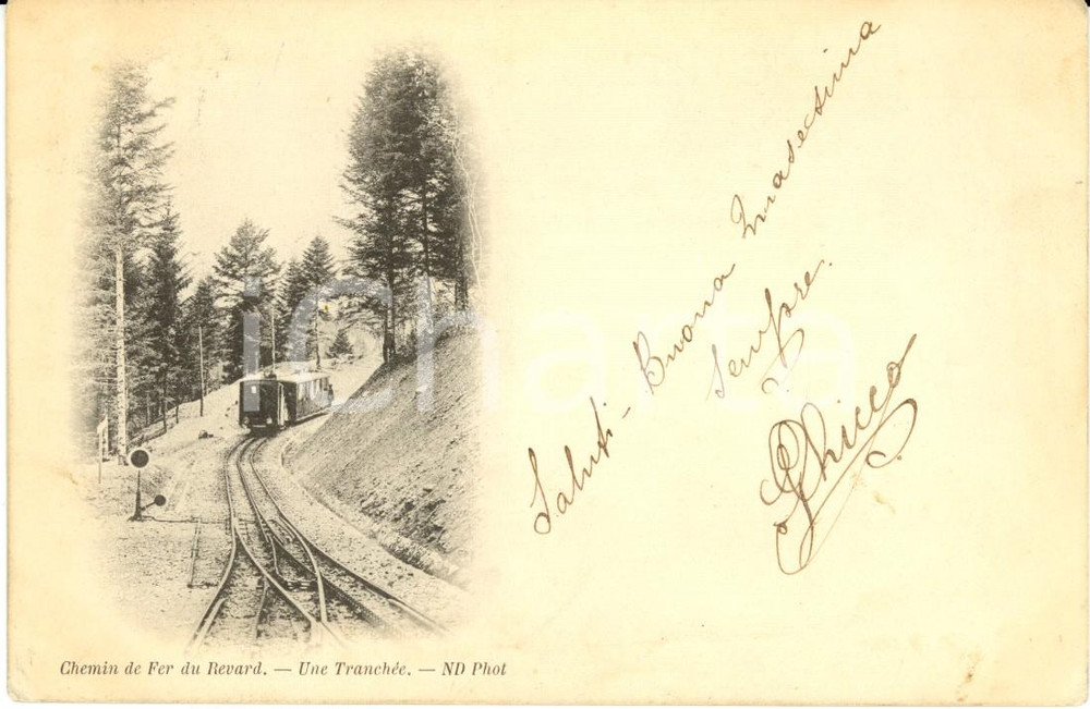 Cartolina originale da collezione 1900 ca MONT REVARD (F) Il treno che sale al monte passa in una trincea *FP 1