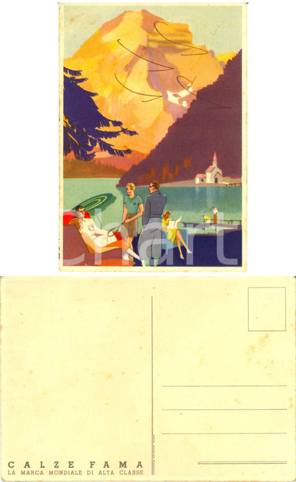 Cartolina originale da collezione 1930 ca MILANO Calze FAMA La marca mondiale di alta classe ILLUSTRATA FG NV 1