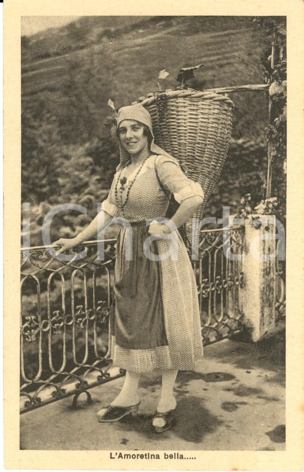 Cartolina originale da collezione 1930 ca BRISSAGO (CH) L'Amoretina bella Contadina con gerla piena di uva *FP NV 1