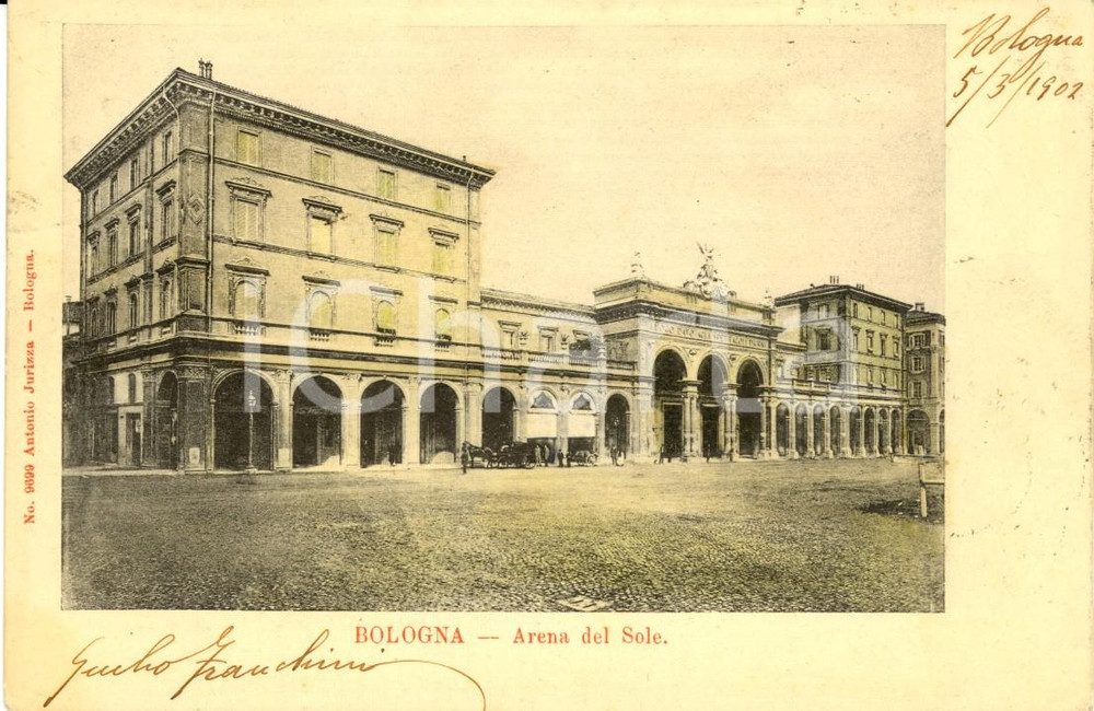 Cartolina originale da collezione 1902 BOLOGNA Veduta esterna del teatro Arena del SOLE Cartolina ANIMATA FP VG 1