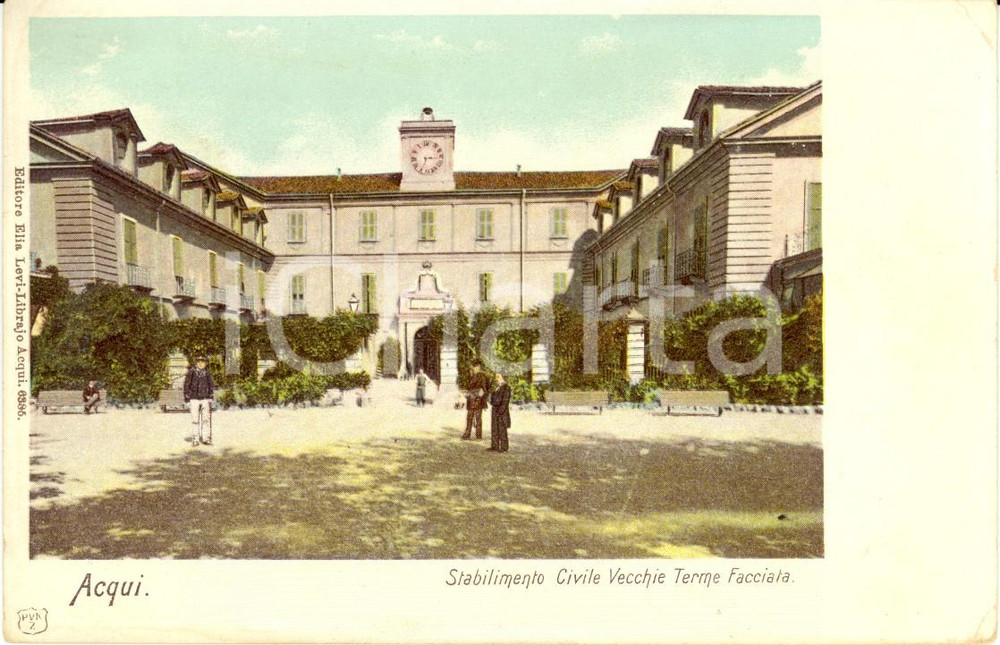 Cartolina originale da collezione 1900 ca ACQUI TERME (AL) Facciata dello Stabilimento delle vecchie terme ANIMATA 1