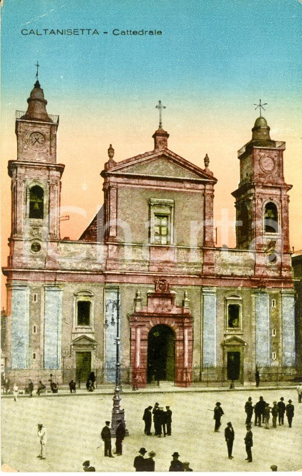 Cartolina originale da collezione 1920 ca CALTANISSETTA Facciata della cattedrale Santa MARIA LA NOVA *ANIMATA FP 1