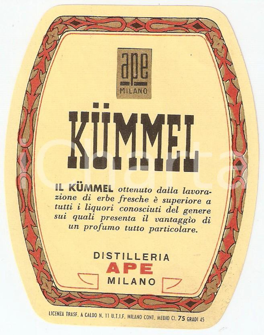 Materiale pubblicitario d’epoca 1970 ca MILANO Distilleria APE Liquore alle erbe KUMMEL Etichetta 1