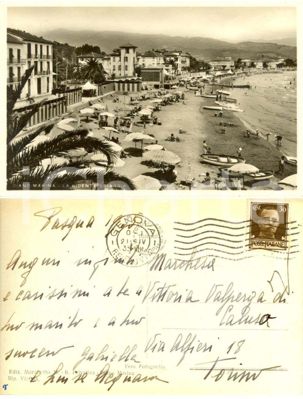 Autografo originale 1935 DIANO MARINA La spiaggia Gabriella ACQUARONE a Vittoria VALPERGA DI CALUSO 1