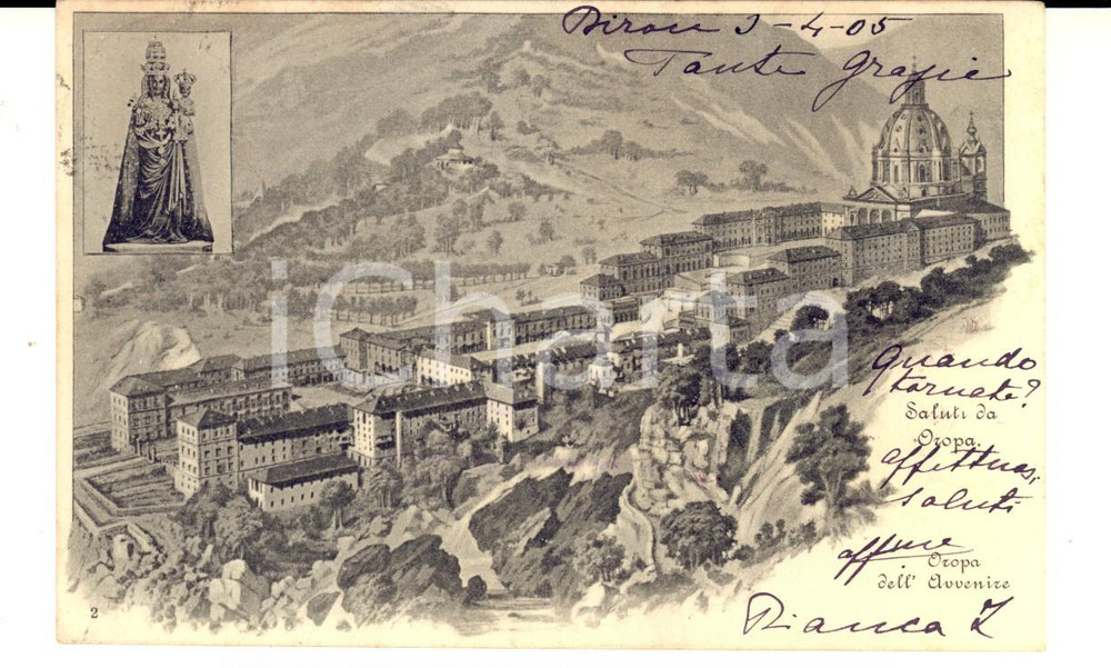 Cartolina originale da collezione 1905 OROPA (BI) Veduta del santuario *Cartolina a Maria SCOLA CAMERINI FP VG 1