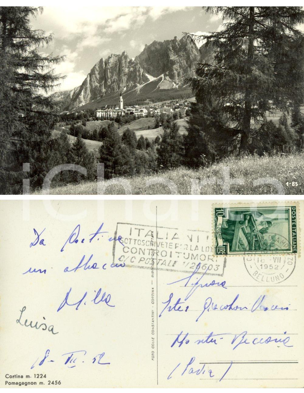 Autografo originale 1952 CORTINA D'AMPEZZO (BL) Veduta del Pomagnon *Autografo Milla GIACOBONI 1