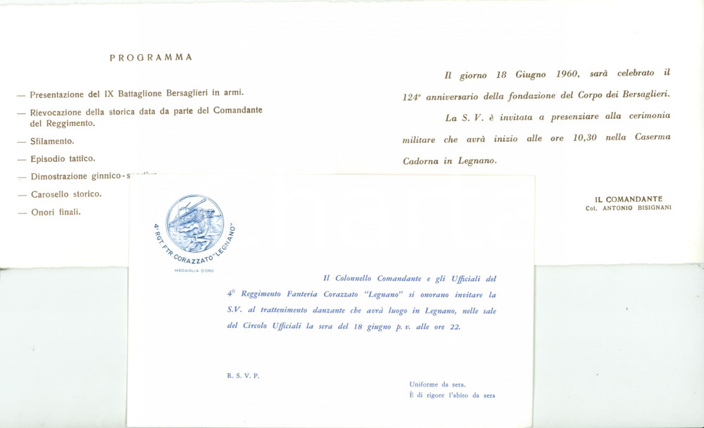 Oggetto da collezione cartaceo 1960 LEGNANO CASERMA CADORNA Cerimonia 124Â° anniversario BERSAGLIERI Biglietto 1
