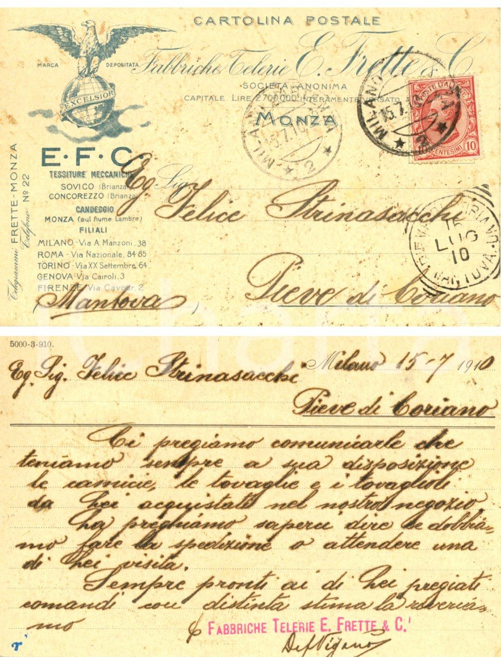 Cartolina originale da collezione 1910 MONZA Fabbriche telerie FRETTE & C. *Cartolina postale intestata FP VG 1