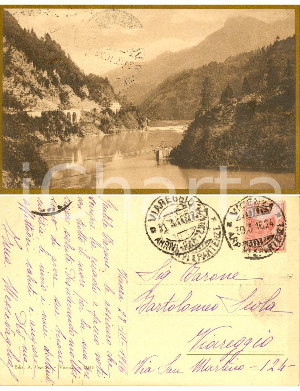 Autografo originale 1916 Dintorni VICENZA Panorama *Irma MESSEDAGLIA a Bartolomeo SCOLA TOMMASONI 1