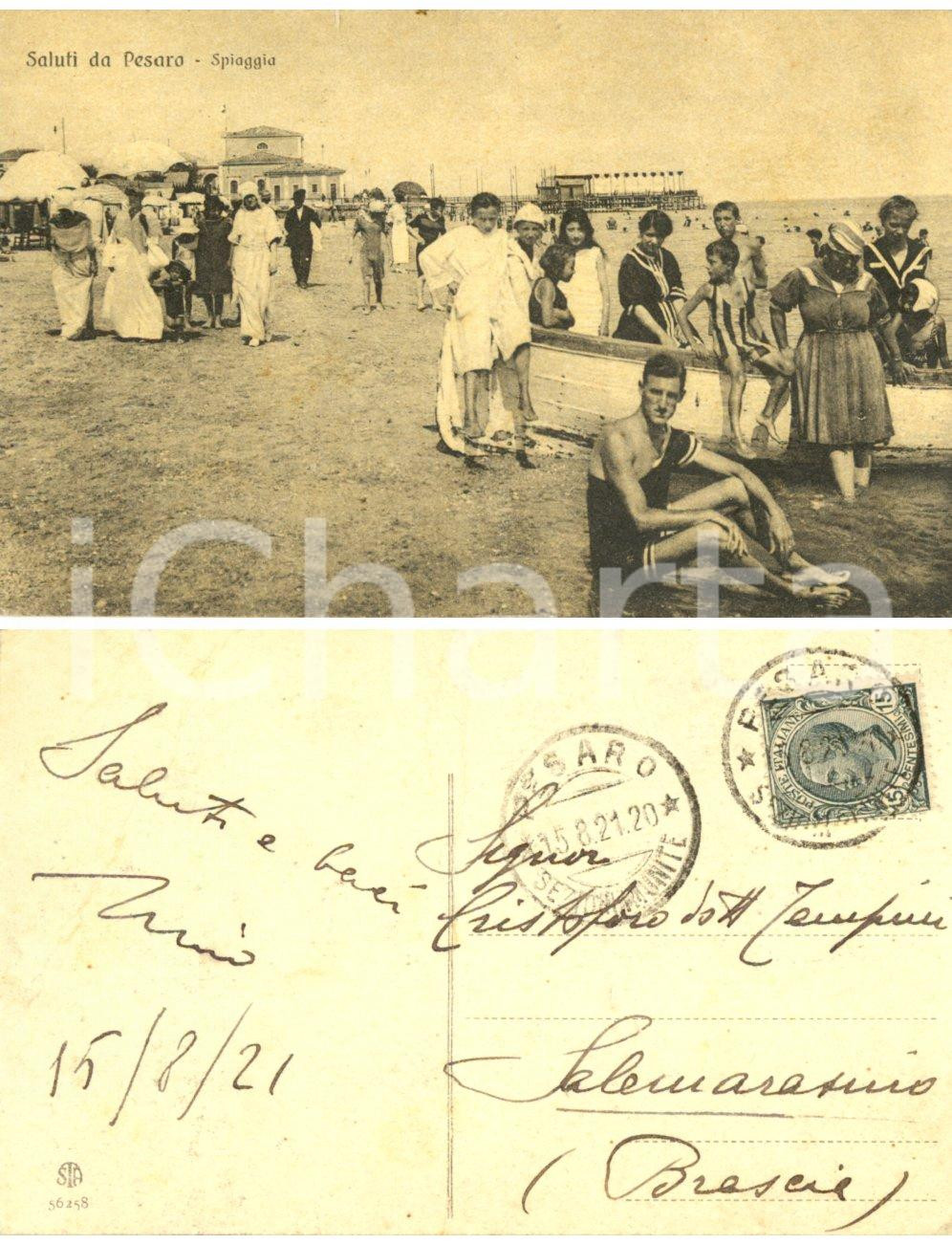 Autografo originale 1921 PESARO Spiaggia Cartolina animata Nino TEMPINI DANNEGGIATA FP VG 1