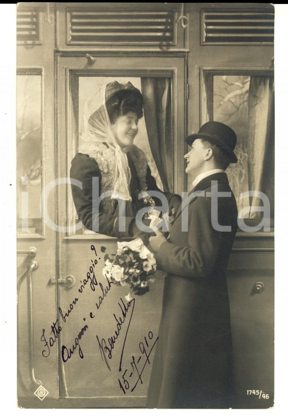 Cartolina originale da collezione 1910 INNAMORATI Il ritorno della viaggiatrice *Cartolina VINTAGE ing. BONELLI 1