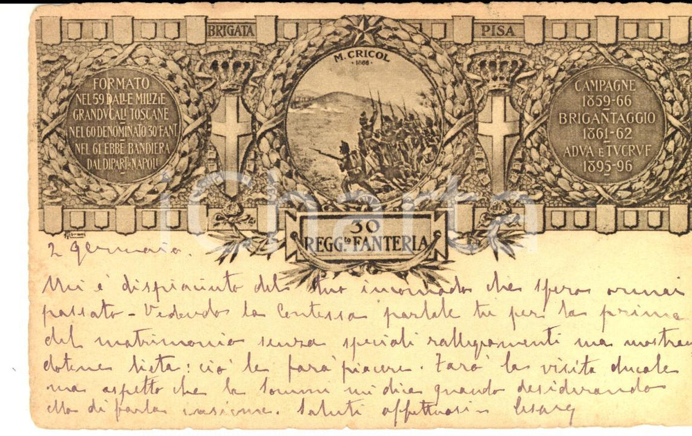Cartolina originale da collezione 1904 Cartolina 30Â° Reggimento Fanteria ILLUSTRATA a marchesa ROVERETO FP VG 1