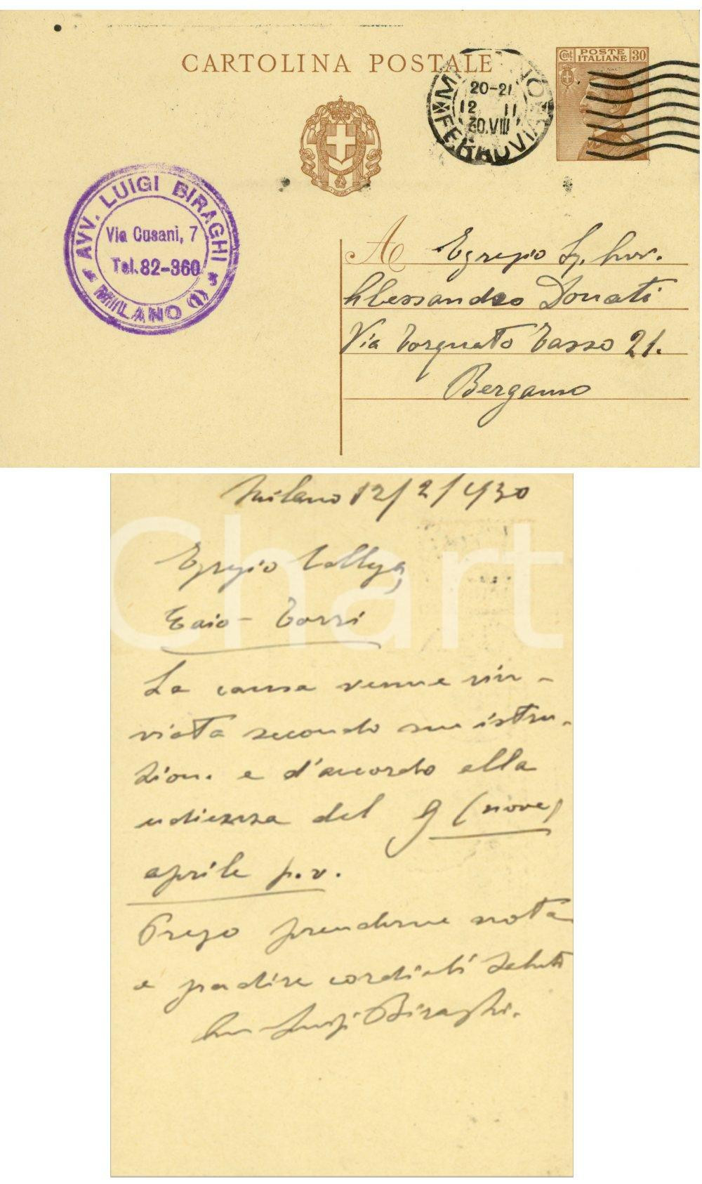 Autografo originale 1930 MILANO Avv. Luigi BIRAGHI sul rinvio di una causa Cartolina AUTOGRAFA 1