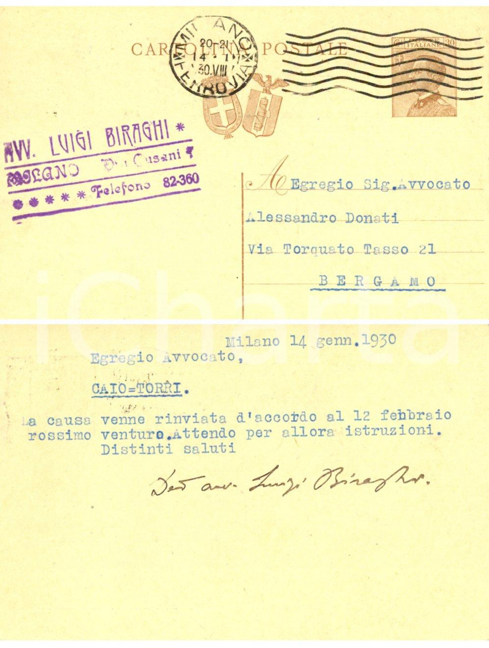 Autografo originale 1930 MILANO Avv. Luigi BIRAGHI sul rinvio di una causa *Cartolina AUTOGRAFA FP 1