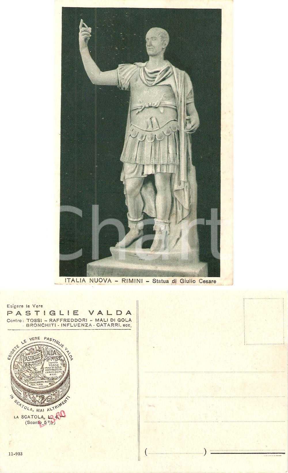 Cartolina originale da collezione 1933 RIMINI Statua di Giulio Cesare Pastiglie VALDA Cartolina Serie ITALIA NUOVA 1