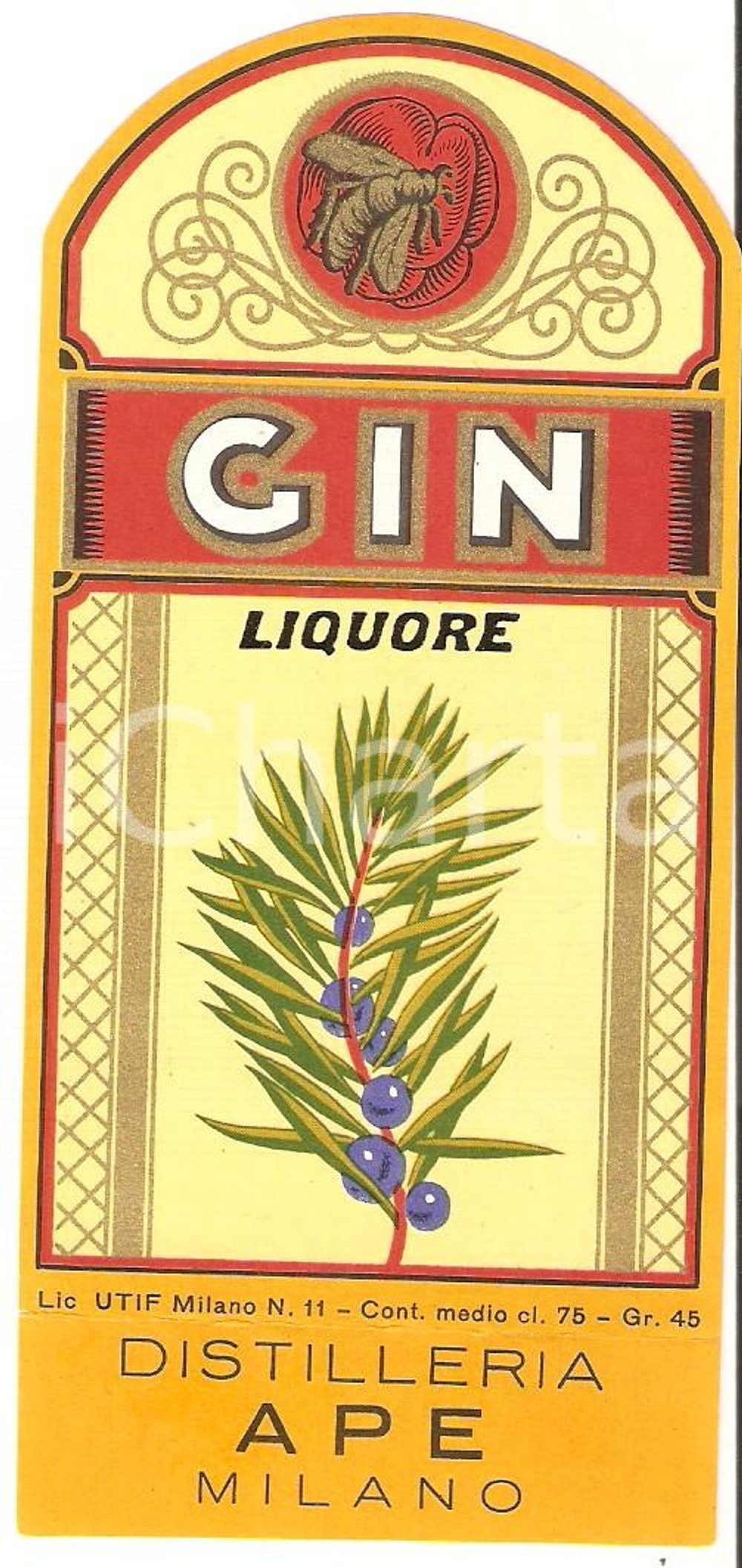 Materiale pubblicitario d’epoca 1970 ca MILANO Distilleria APE Liquore secco GIN *Etichetta ILLUSTRATA 1