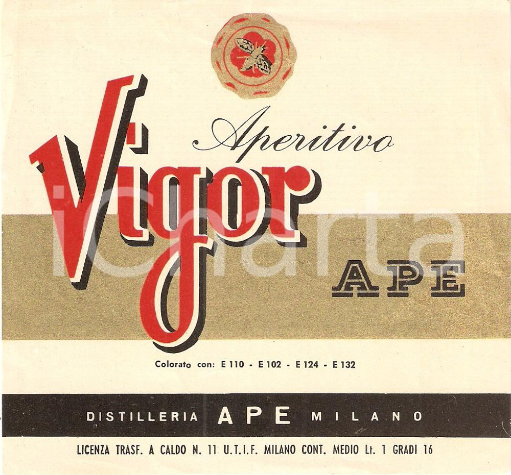 Materiale pubblicitario d’epoca 1970 ca MILANO Distilleria APE Aperitivo VIGOR *Etichetta 1