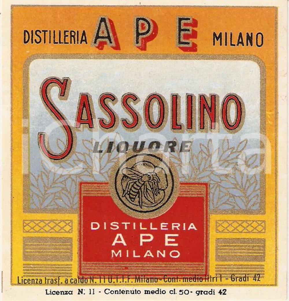 Materiale pubblicitario d’epoca 1970 ca MILANO Distilleria APE Liquore SASSOLINO *Etichetta 1