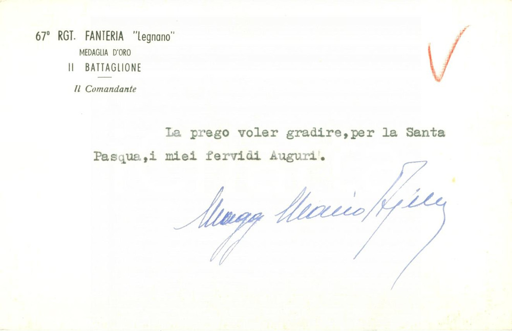 Autografo originale 1960 LEGNANO 67Â° Reggimento FANTERIA Maggiore Mario AJELLO con AUTOGRAFO 1