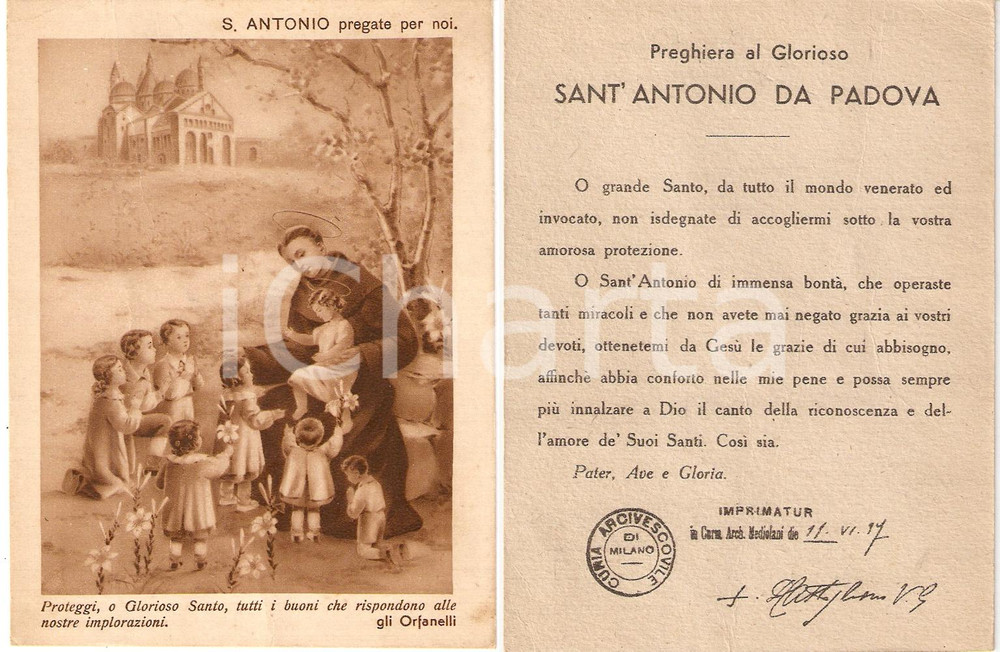 Oggetto da collezione cartaceo 1937 MILANO Vescovo Paolo CASTIGLIONI Preghiera per SANT'ANTONIO DA PADOVA 1