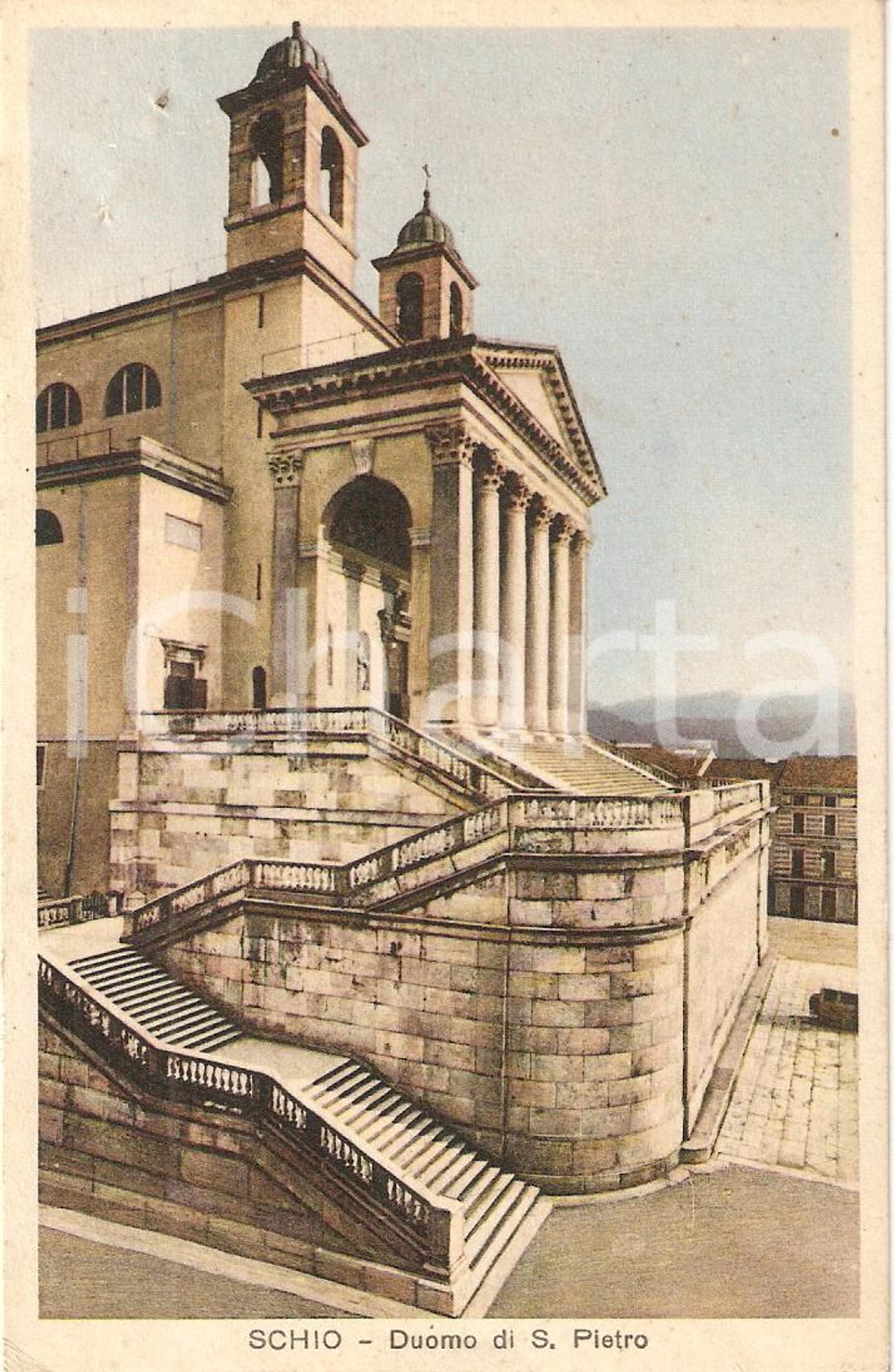 Cartolina originale da collezione 1950 ca SCHIO (VI) Panorama del Duomo di SAN PIETRO *Cartolina FP NV 1