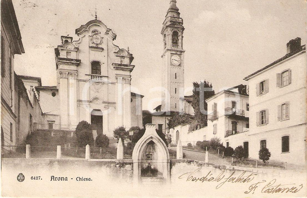 Cartolina originale da collezione 1908 ARONA (NO) Chiesa dei SANTI MARTIRI *Cartolina FP VG 1