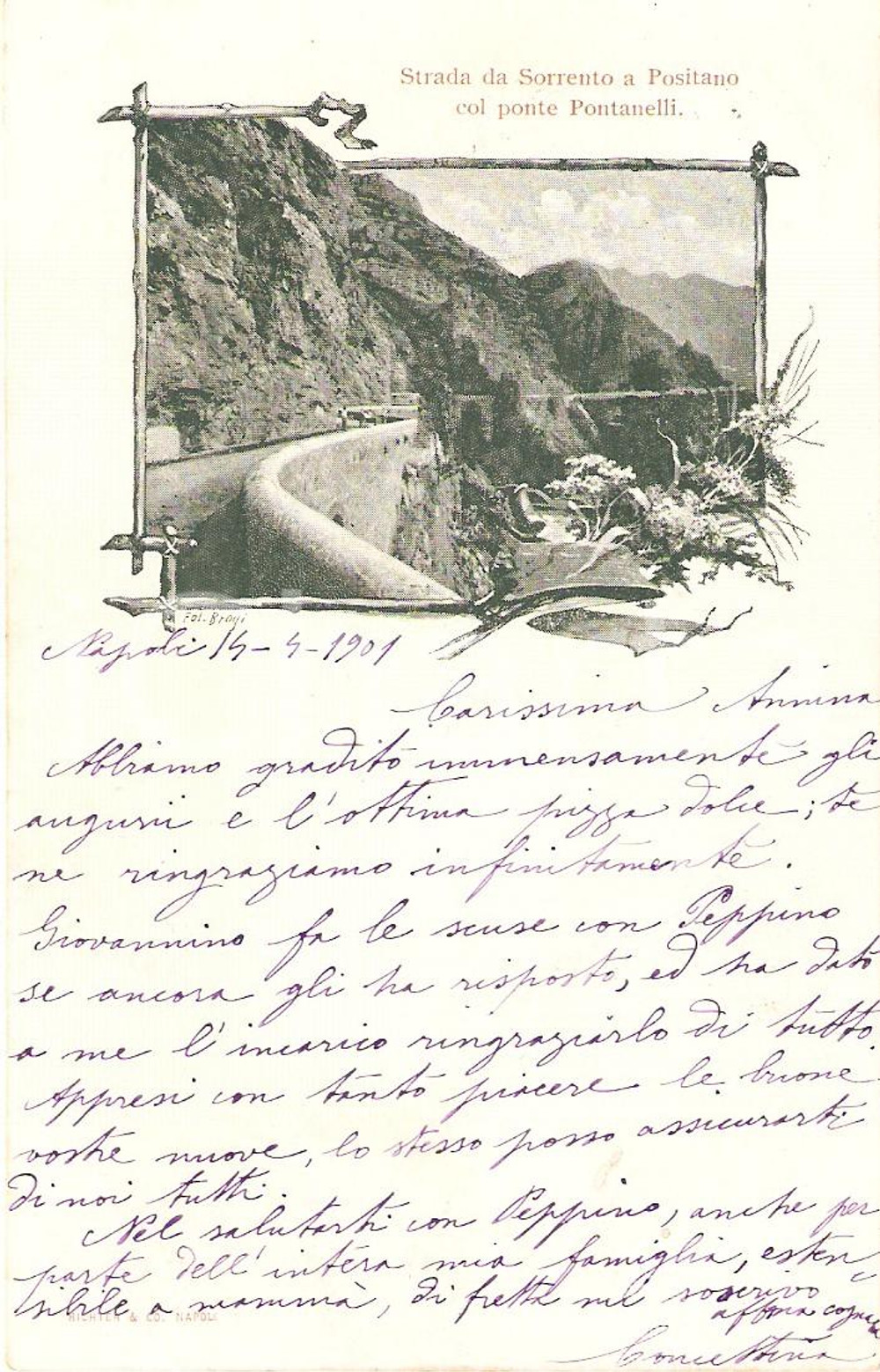 Cartolina originale da collezione 1901 SORRENTO (NA) Strada per POSITANO con Ponte Pontanelli *Cartolina FP VG 1