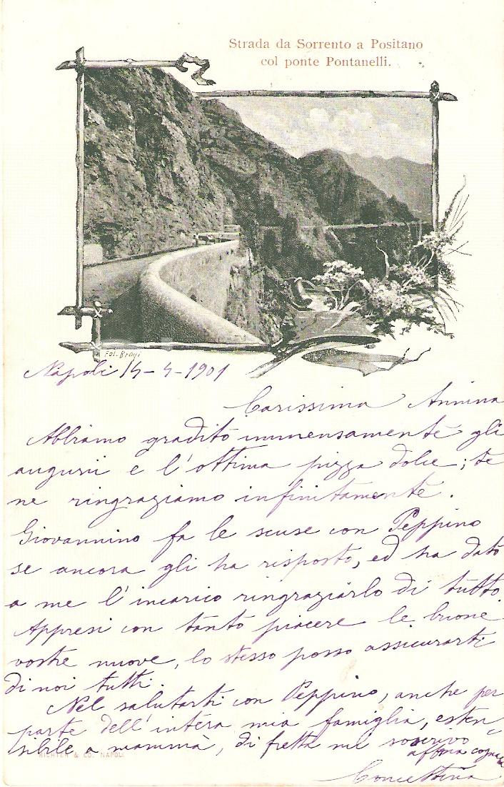 Cartolina originale da collezione 1901 SORRENTO NA Strada per POSITANO con Ponte Pontanelli Cartolina FP VG 1