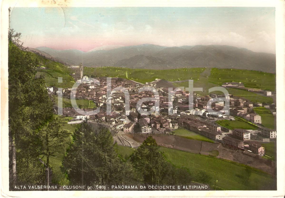 Cartolina originale da collezione 1956 CLUSONE BG Panorama da occidente e altipiano Cartolina FG VG 1