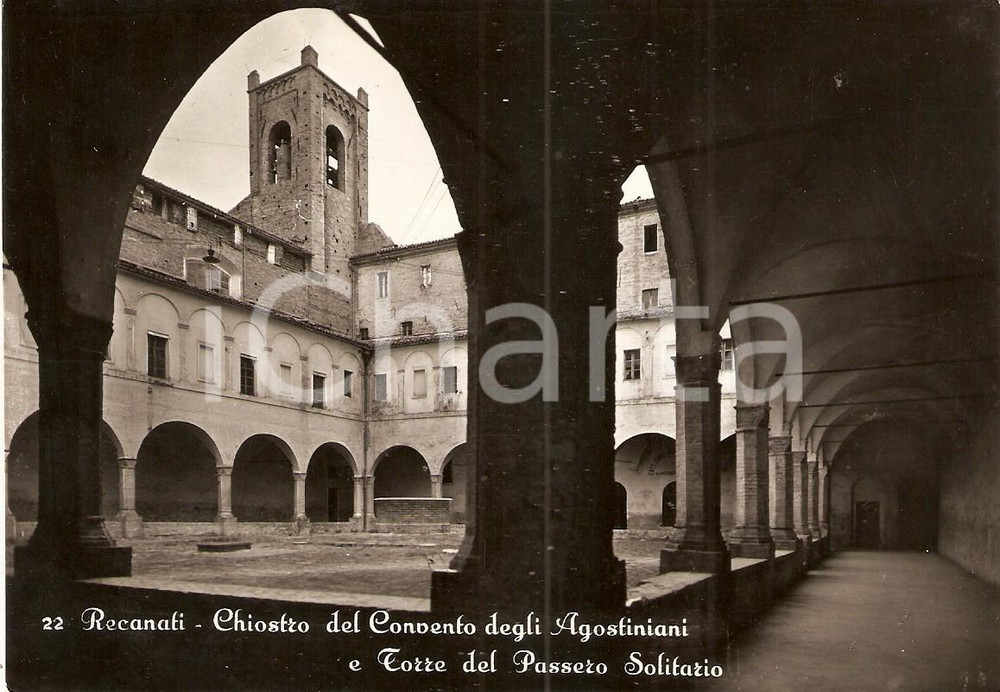 Cartolina originale da collezione 1957 RECANATI (MC) Chiostro Convento Agostiniani Torre del Passero Solitario *FG 1