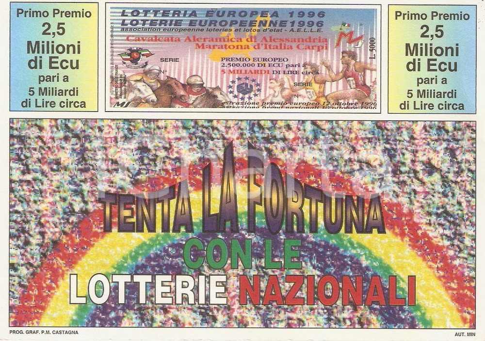 Oggetto da collezione cartaceo 1996 LOTTERIA EUROPEA Premio di 2,5 milioni di ECU Cartolina ILLUSTRATA 1