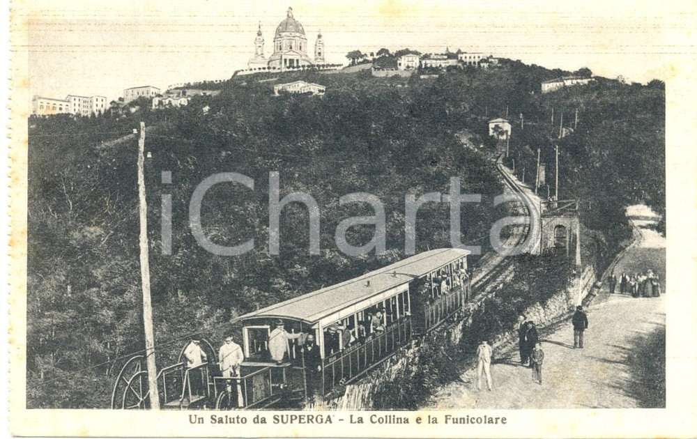 Cartolina originale da collezione 1940 ca SUPERGA TO Funicolare e scorcio Basilica Cartolina ANIMATA FP NV 1