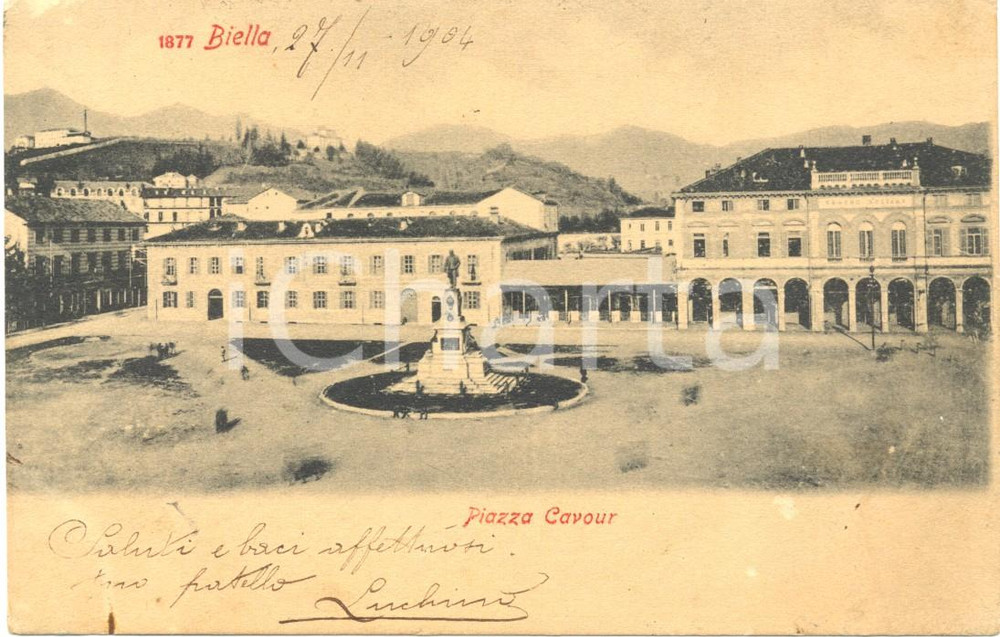 Cartolina originale da collezione 1904 BIELLA Piazza CAVOUR e Monumento a Quintino SELLA Cartolina ANIMATA FP VG 1