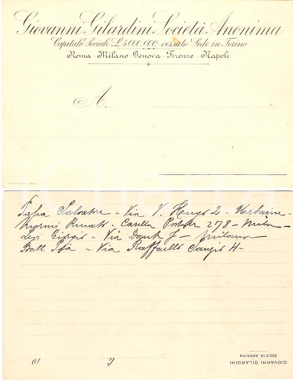 Documento originale, autentico 1910 MILANO FIRENZE Ditta Giovanni GILARDINI Cartolina intestata FP NV 1