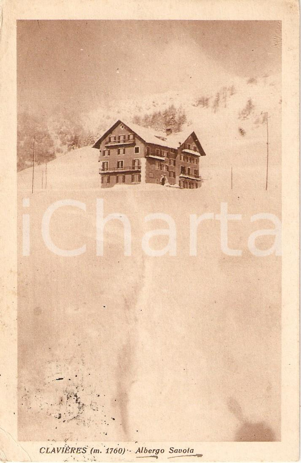 Cartolina originale da collezione 1929 CLAVIERE (TO) Albergo SAVOIA nel panorama innevato *Cartolina FP VG 1