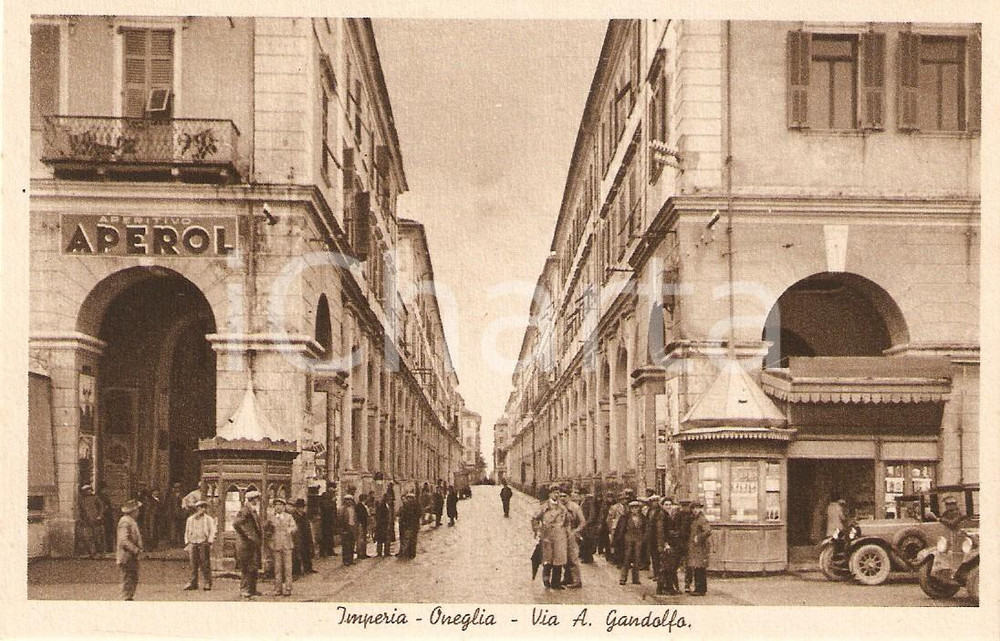 Cartolina originale da collezione 1935 ca IMPERIA Via Generale ASCLEPIA GANDOLFO - APEROL *Cartolina ANIMATA FP NV 1
