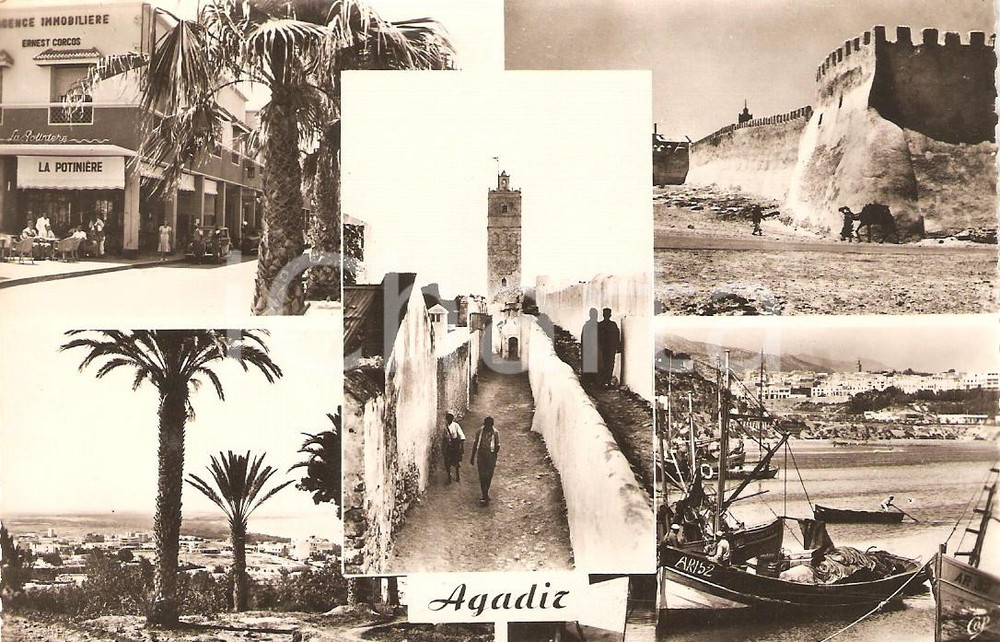 Cartolina originale da collezione 1950 ca AGADIR (Maroc) La POTINIERE Minareto e porto Vedutine *Cartolina FP NV 1