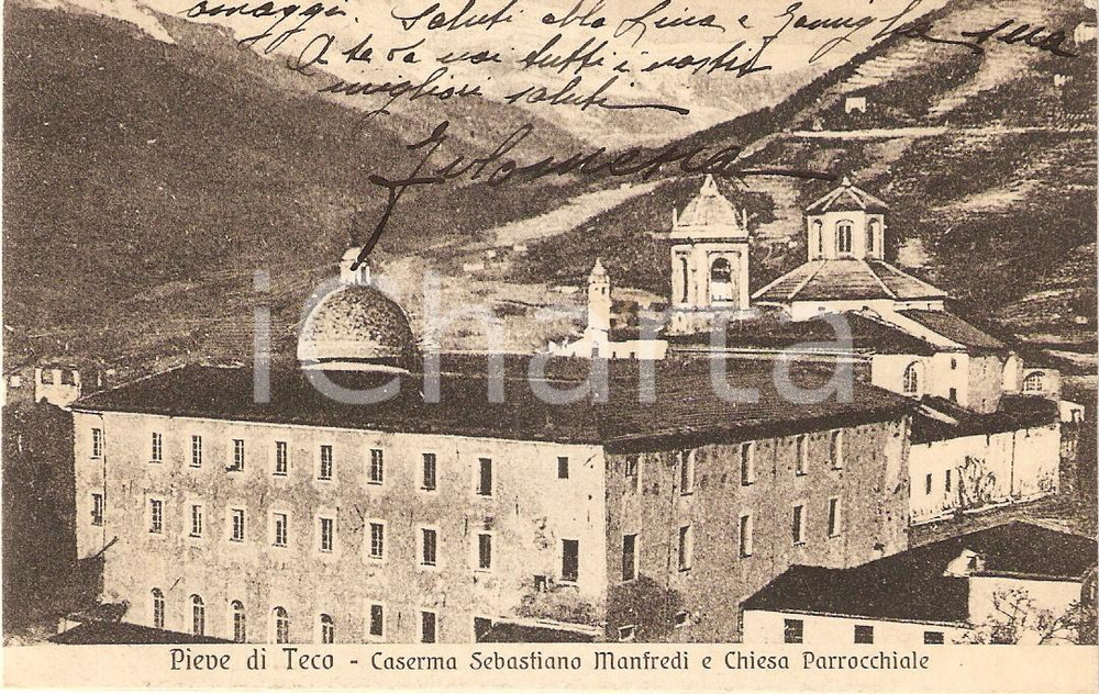 Cartolina originale da collezione 1928 PIEVE DI TECO (IM) Caserma SEBASTIANO MANFREDI e Chiesa *Cartolina FP VG 1