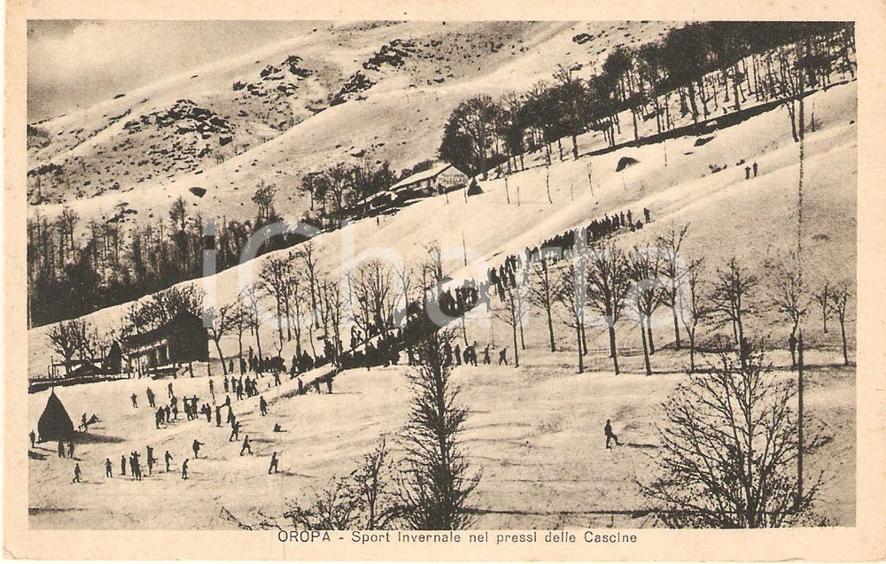 Cartolina originale da collezione 1935 OROPA BI Sport invernali nei pressi delle Cascine Cartolina ANIMATA FP VG 1