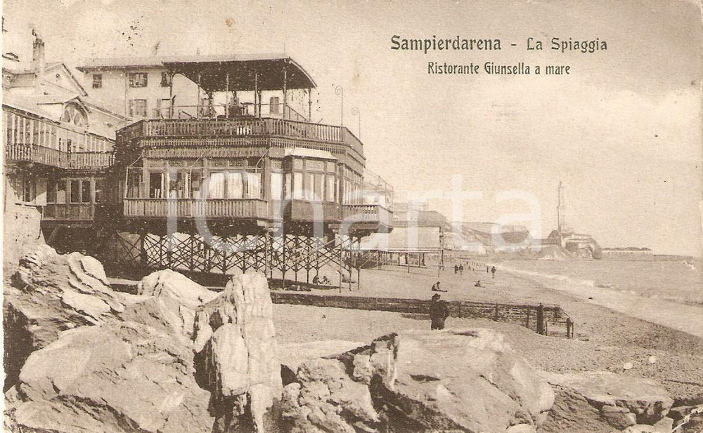 Cartolina originale da collezione 1908 GENOVA SAMPIERDARENA Spiaggia Ristorante GIUNSELLA A MARE Cartolina FP VG 1