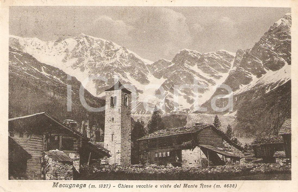 Cartolina originale da collezione 1946 MACUGNAGA (VB) La Chiesa vecchia e il Monte ROSA *Cartolina FP VG 1